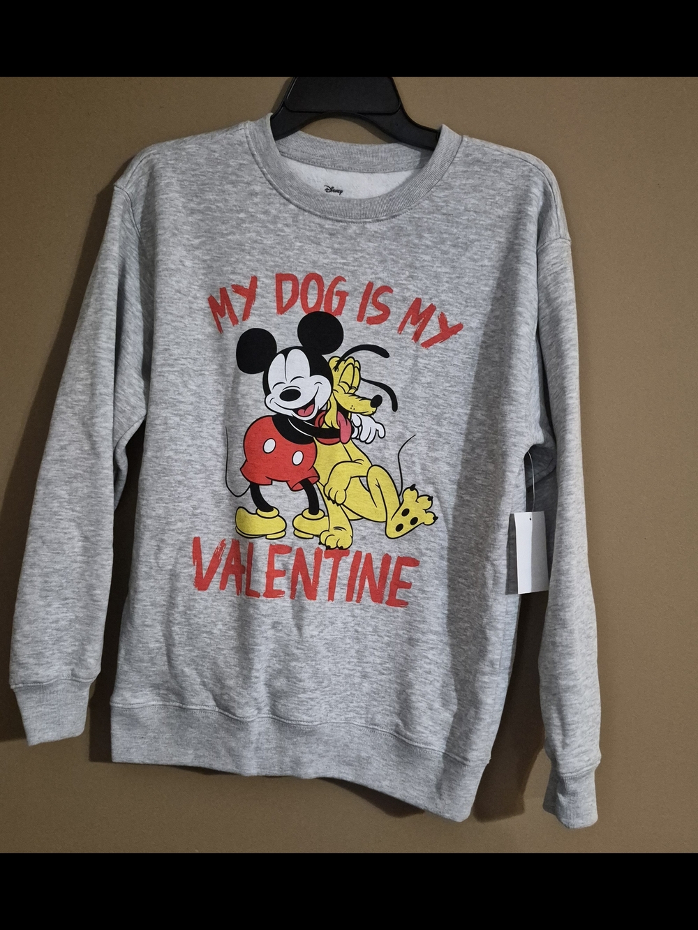 Disney Gray Crewneck Sweatshirt with Mickey & Pluto Valentine Graphic XS